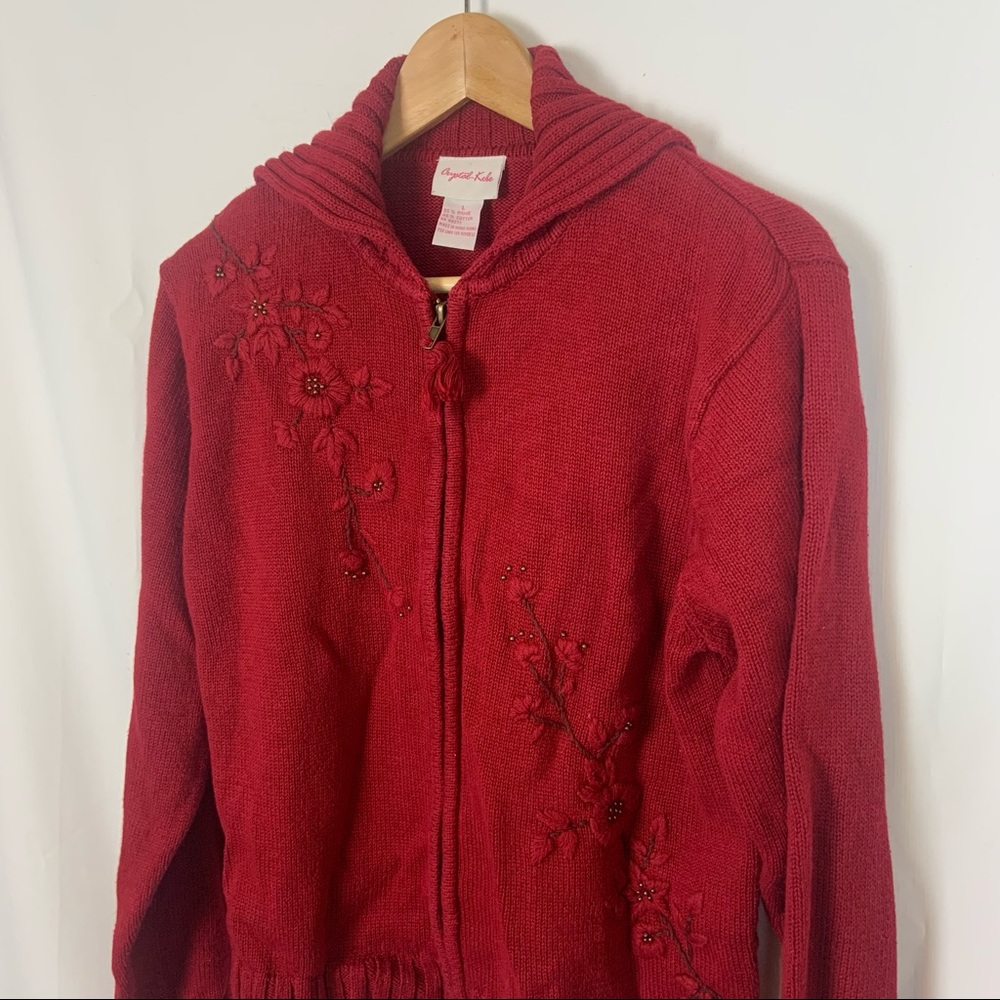 Crystal Kale CHERRY Red Embroidered Sweater Sz L